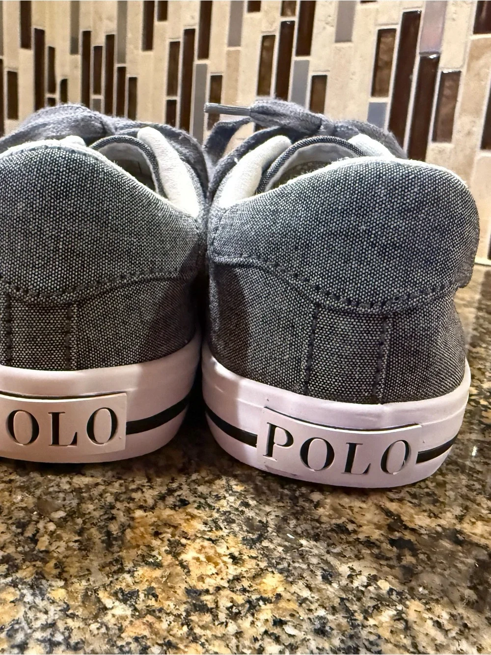 Polo Ralph Lauren Easton II Shoe Gray Chambray Cotton Lace Low Sneaker Youth 2